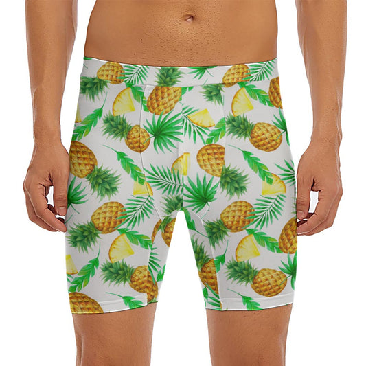 White Watercolor Pineapple Pattern Print Men's Long Boxer Briefs