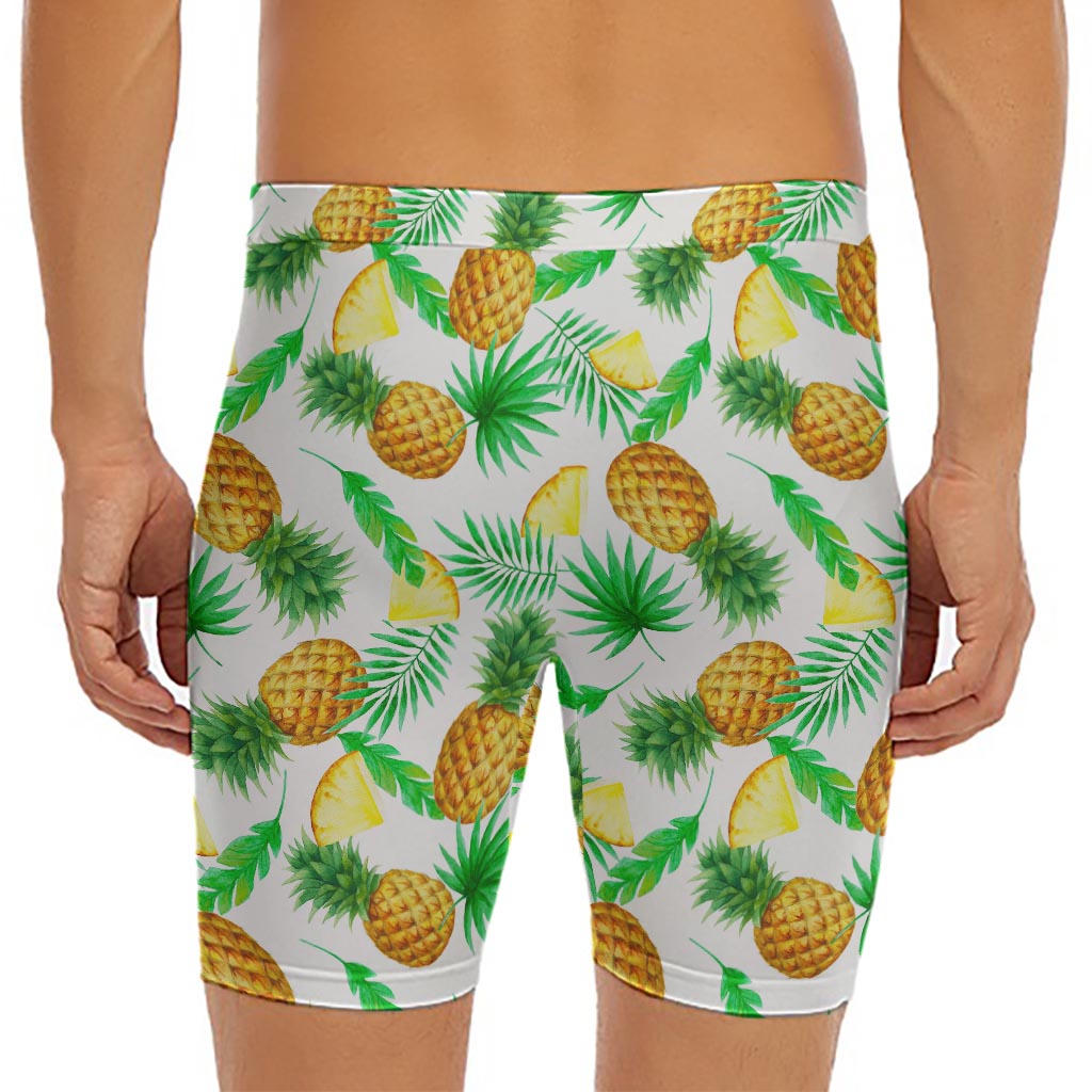 White Watercolor Pineapple Pattern Print Men's Long Boxer Briefs