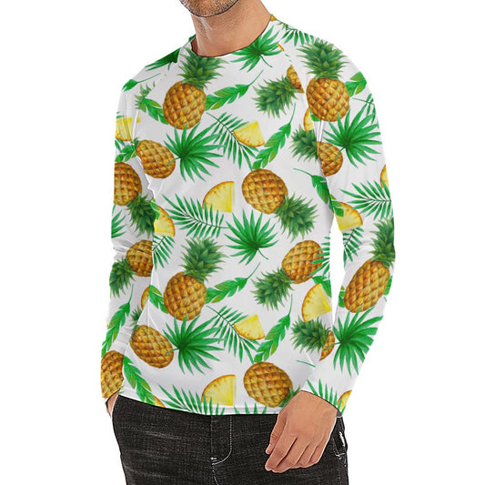 White Watercolor Pineapple Pattern Print Men's Long Sleeve Rash Guard