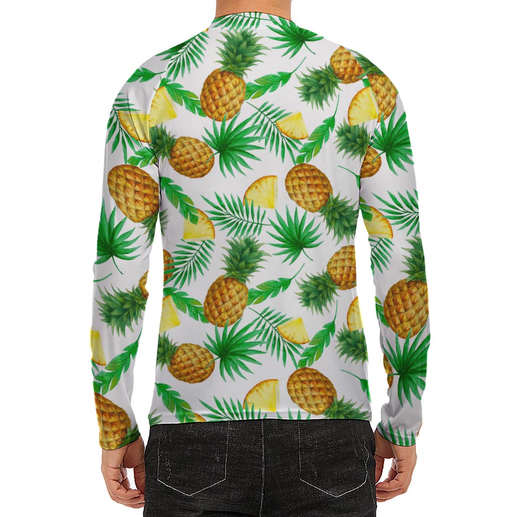 White Watercolor Pineapple Pattern Print Men's Long Sleeve Rash Guard