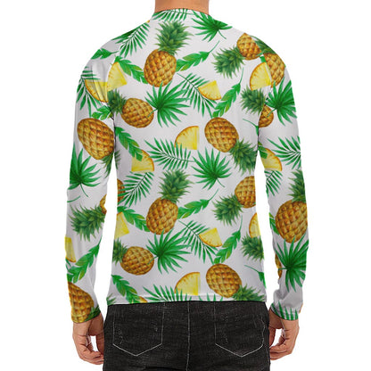 White Watercolor Pineapple Pattern Print Men's Long Sleeve Rash Guard