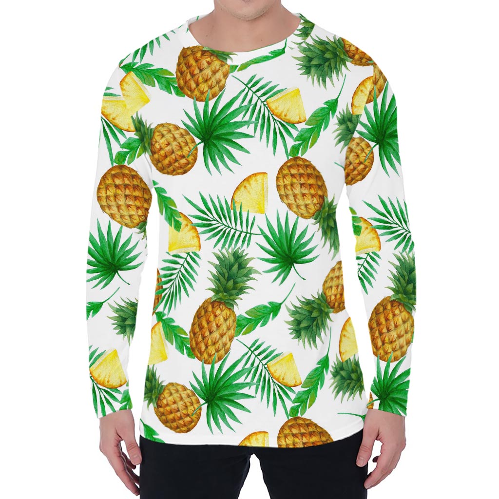 White Watercolor Pineapple Pattern Print Men's Long Sleeve T-Shirt
