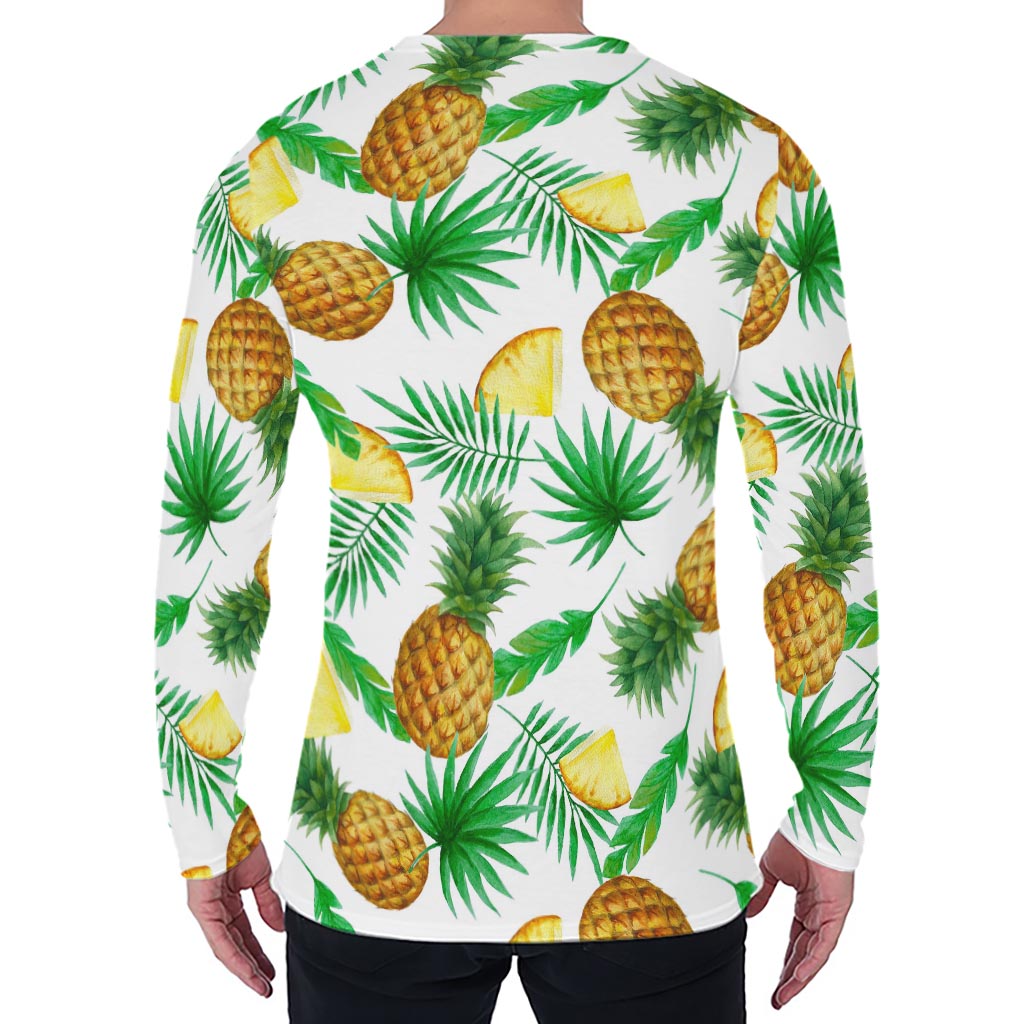 White Watercolor Pineapple Pattern Print Men's Long Sleeve T-Shirt