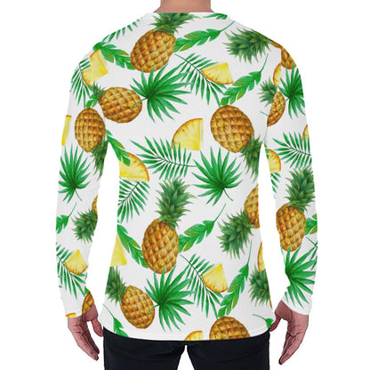 White Watercolor Pineapple Pattern Print Men's Long Sleeve T-Shirt