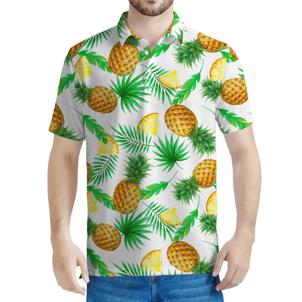 White Watercolor Pineapple Pattern Print Men's Polo Shirt