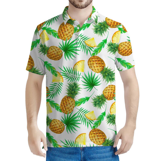 White Watercolor Pineapple Pattern Print Men's Polo Shirt