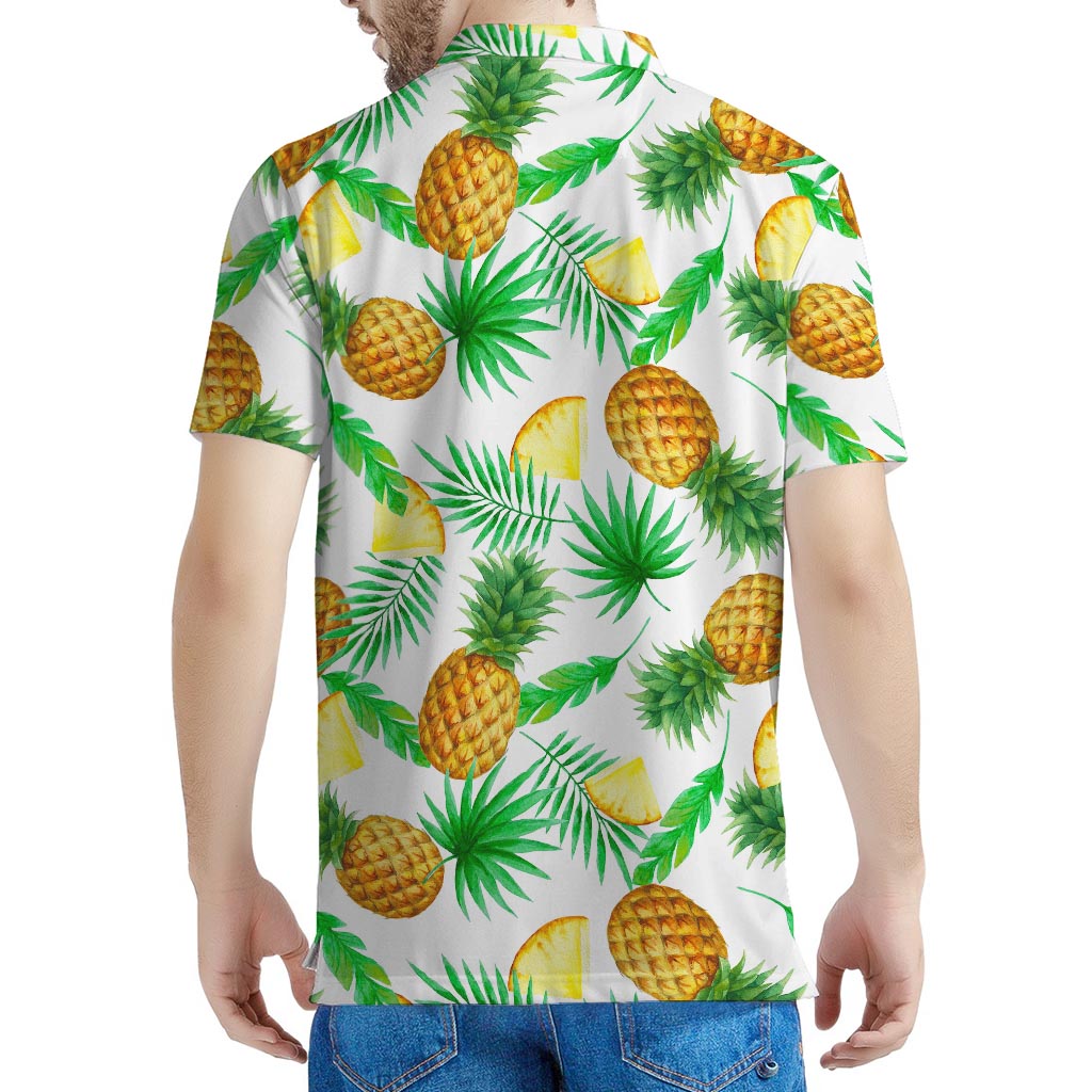 White Watercolor Pineapple Pattern Print Men's Polo Shirt