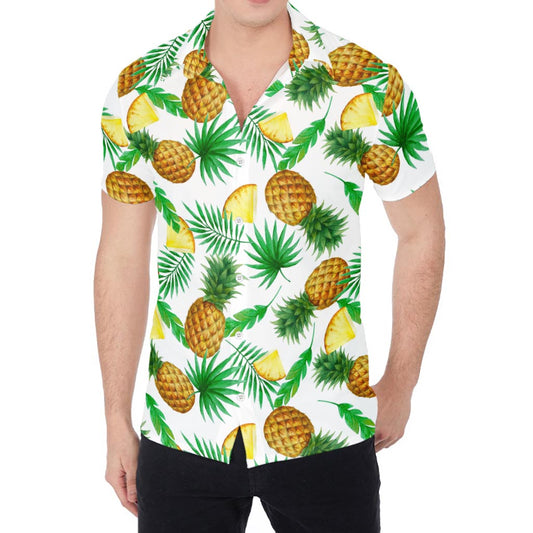 White Watercolor Pineapple Pattern Print Men's Shirt