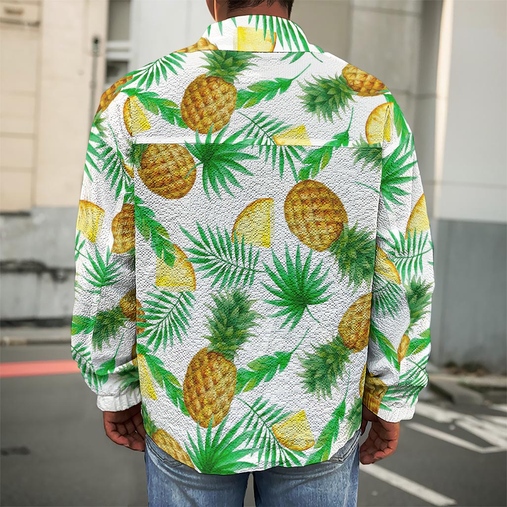 White Watercolor Pineapple Pattern Print Men's Shirt Jacket