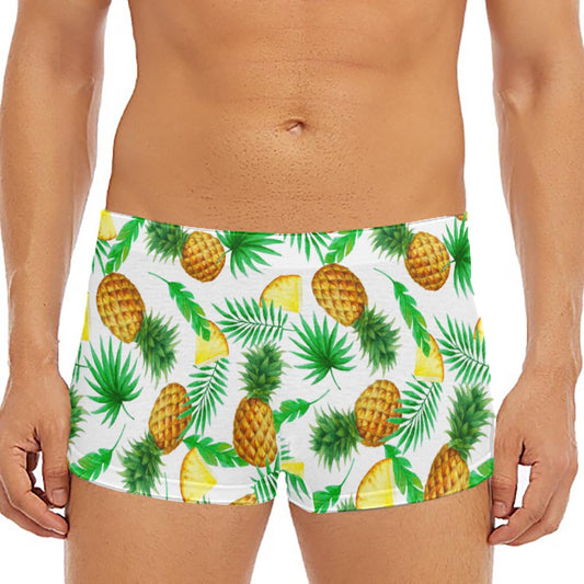 White Watercolor Pineapple Pattern Print Men's Short Boxer Briefs