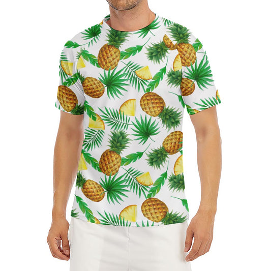 White Watercolor Pineapple Pattern Print Men's Short Sleeve Rash Guard