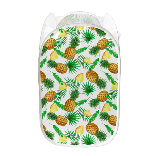 White Watercolor Pineapple Pattern Print Mesh Laundry Hamper