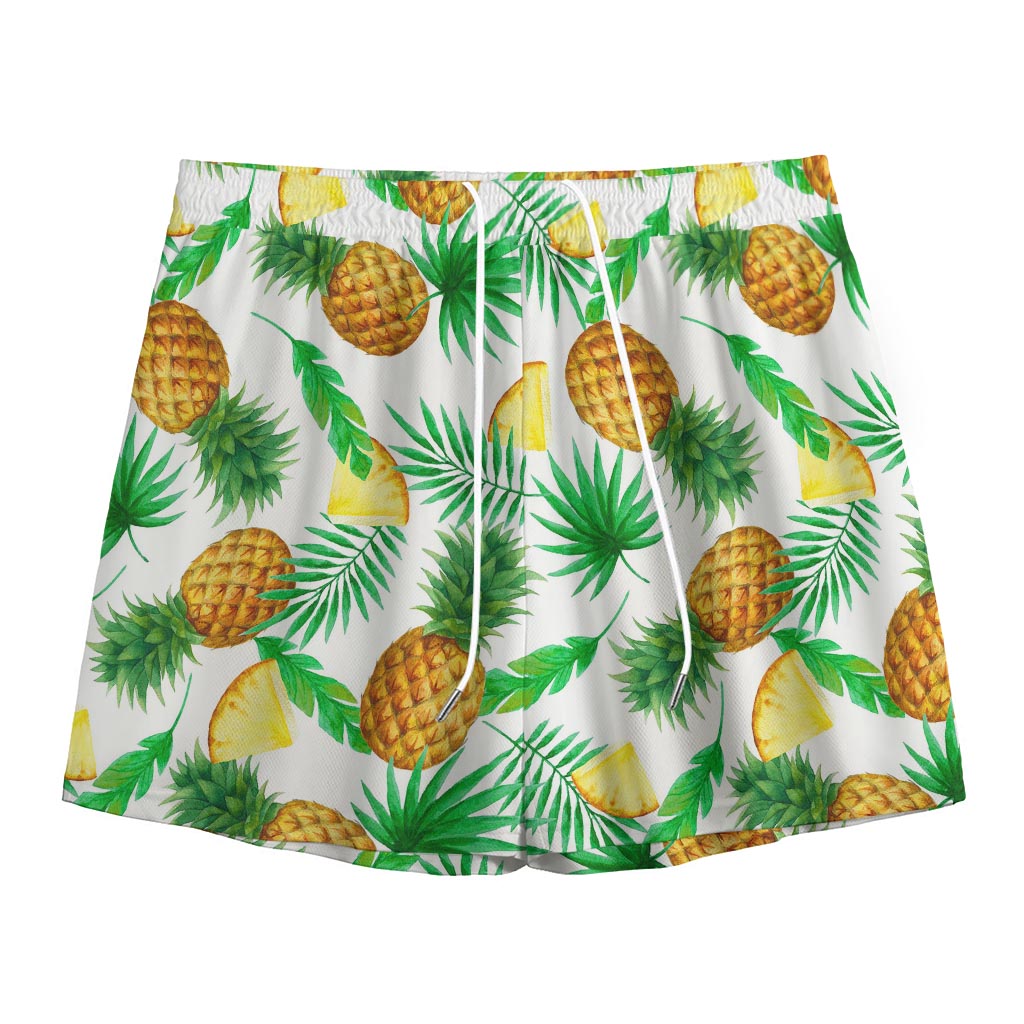 White Watercolor Pineapple Pattern Print Mesh Shorts