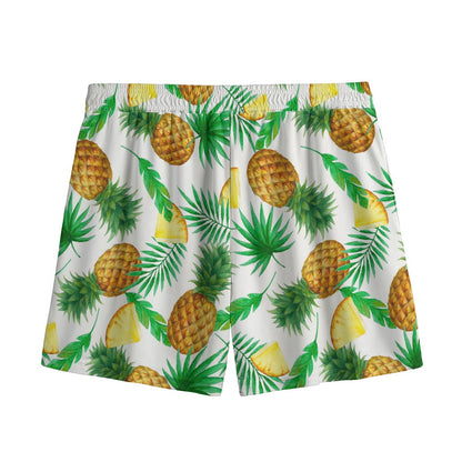 White Watercolor Pineapple Pattern Print Mesh Shorts