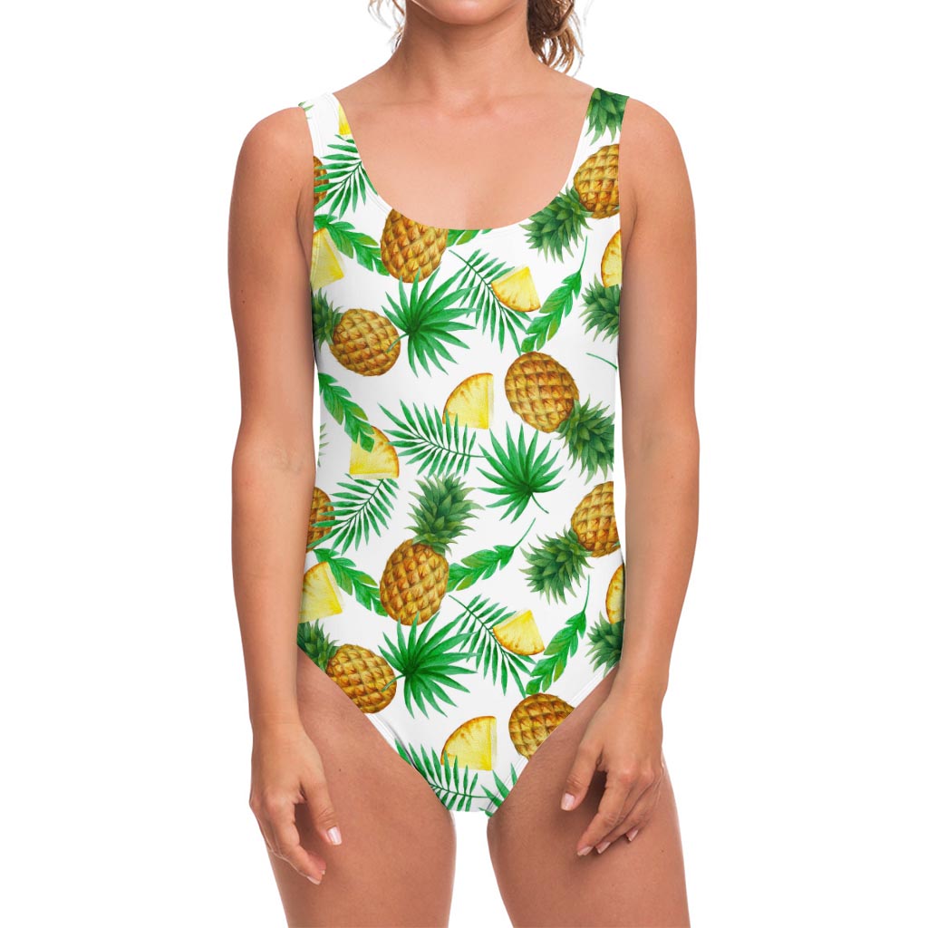 White Watercolor Pineapple Pattern Print One Piece Swimsuit