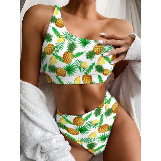 White Watercolor Pineapple Pattern Print One Shoulder Bikini Top