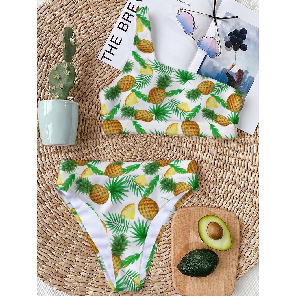 White Watercolor Pineapple Pattern Print One Shoulder Bikini Top