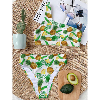 White Watercolor Pineapple Pattern Print One Shoulder Bikini Top