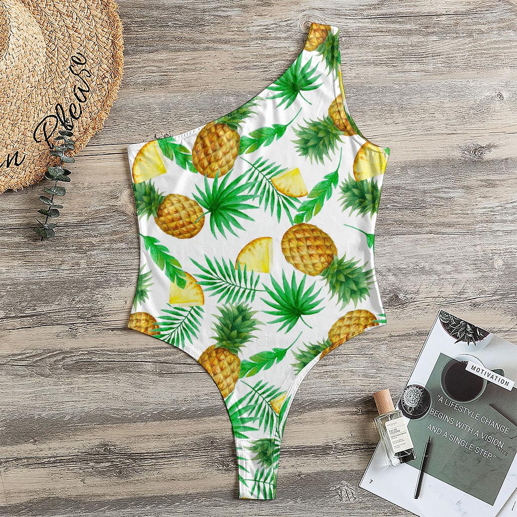 White Watercolor Pineapple Pattern Print One Shoulder Bodysuit
