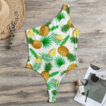 White Watercolor Pineapple Pattern Print One Shoulder Bodysuit