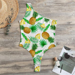 White Watercolor Pineapple Pattern Print One Shoulder Bodysuit