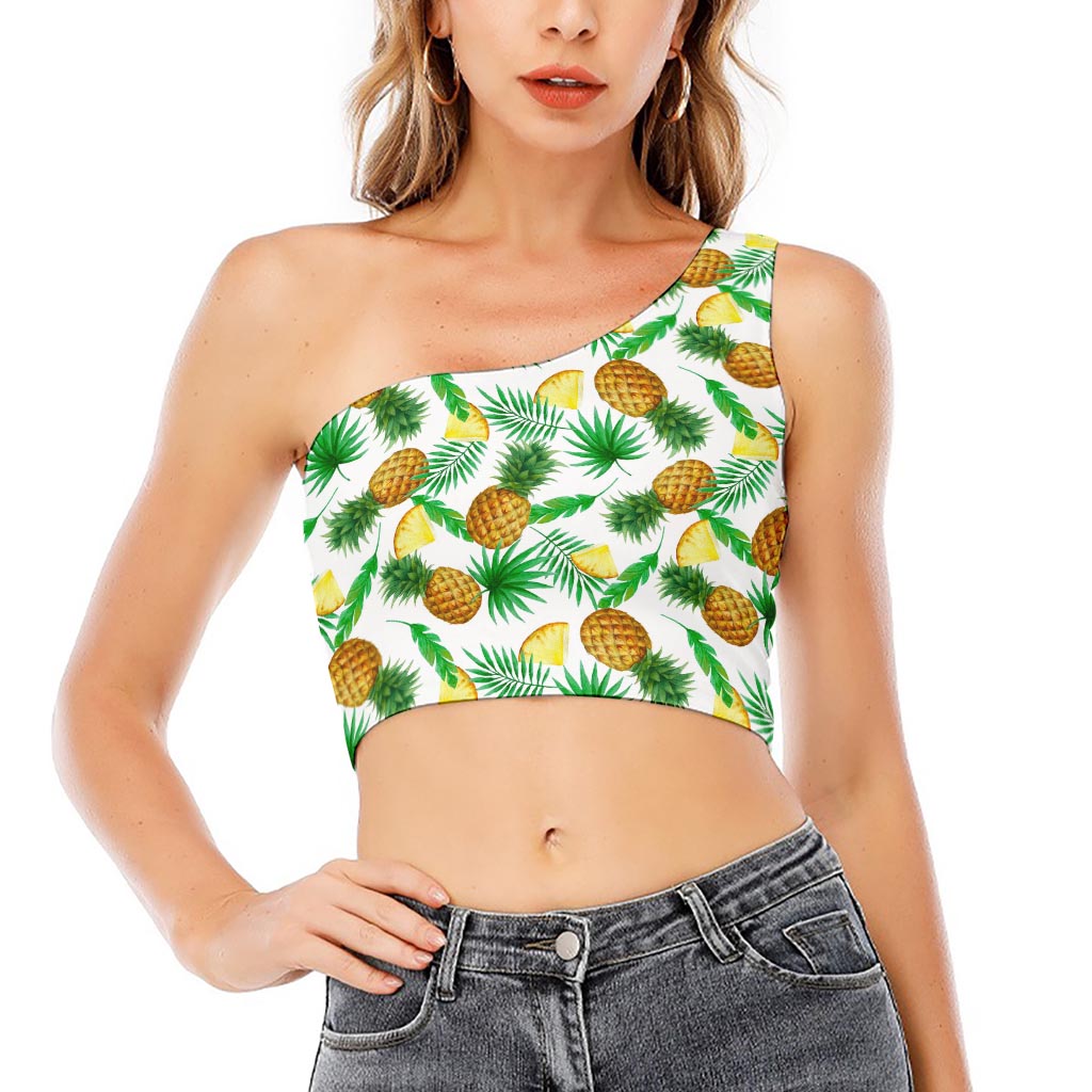 White Watercolor Pineapple Pattern Print One Shoulder Crop Top
