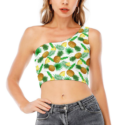 White Watercolor Pineapple Pattern Print One Shoulder Crop Top