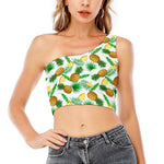 White Watercolor Pineapple Pattern Print One Shoulder Crop Top