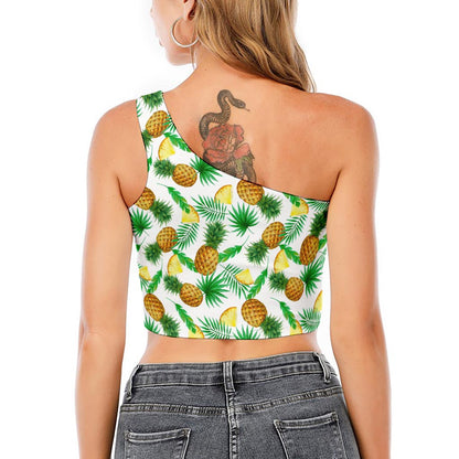 White Watercolor Pineapple Pattern Print One Shoulder Crop Top