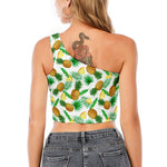 White Watercolor Pineapple Pattern Print One Shoulder Crop Top