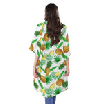White Watercolor Pineapple Pattern Print Open Front Beach Cover Up