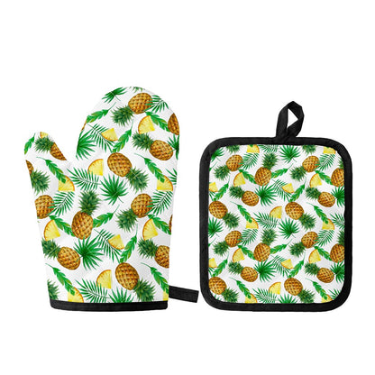 White Watercolor Pineapple Pattern Print Oven Mitt And Pot Holder Set