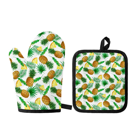 White Watercolor Pineapple Pattern Print Oven Mitt And Pot Holder Set