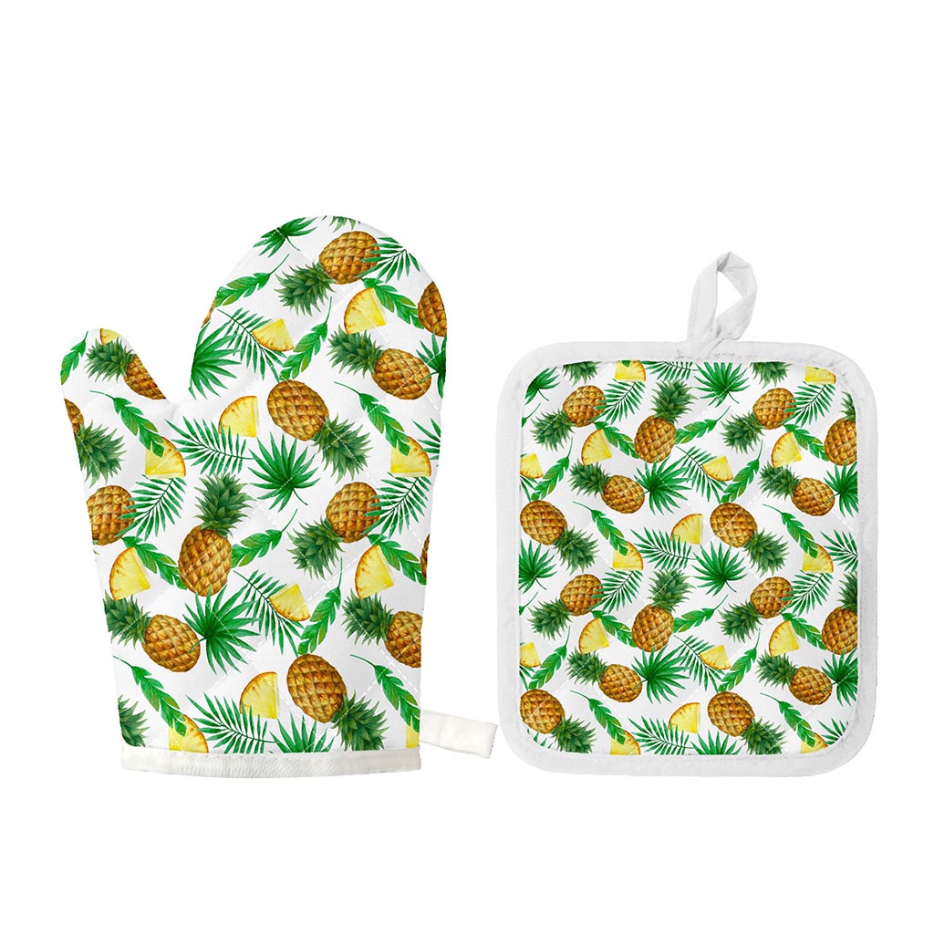 White Watercolor Pineapple Pattern Print Oven Mitt And Pot Holder Set