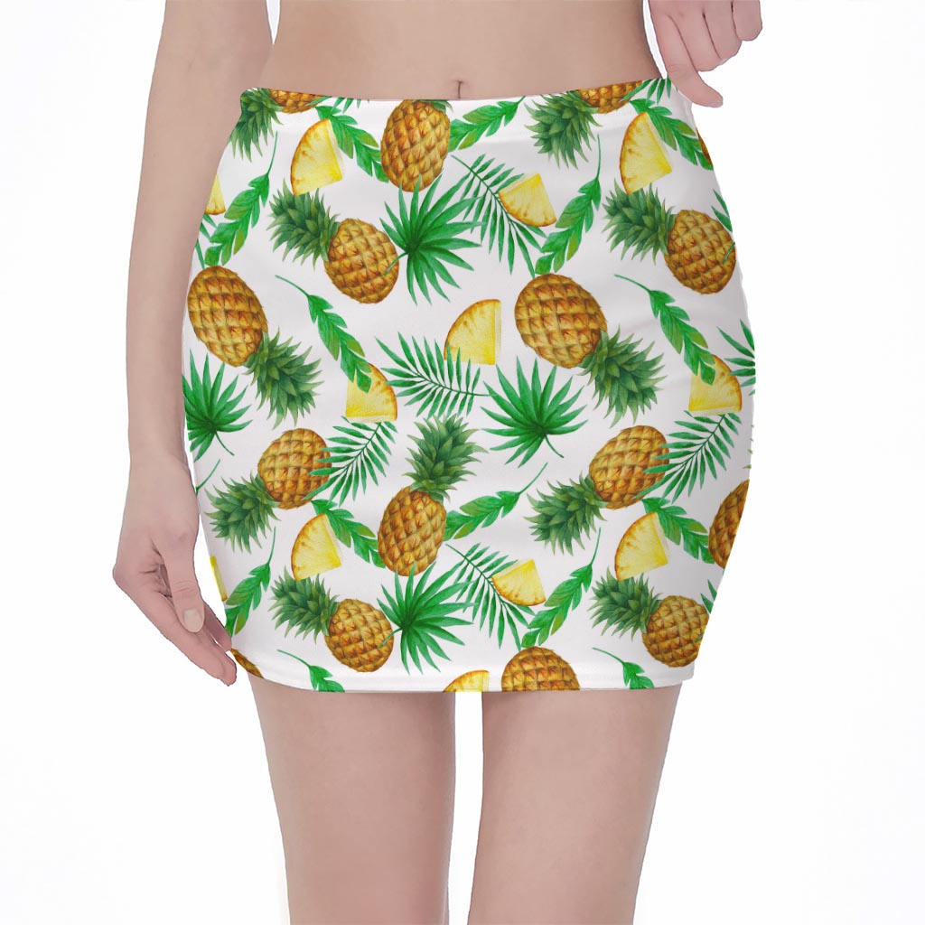 White Watercolor Pineapple Pattern Print Pencil Mini Skirt
