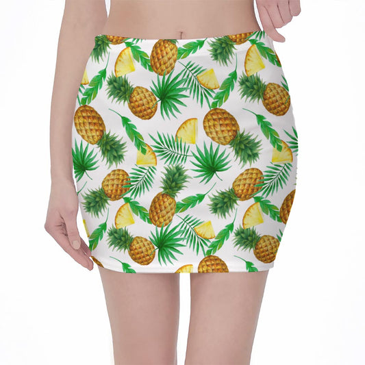 White Watercolor Pineapple Pattern Print Pencil Mini Skirt