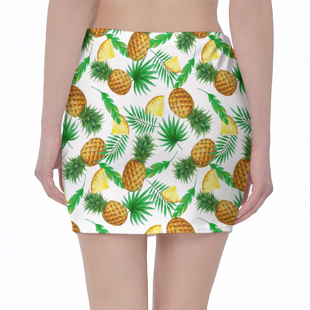 White Watercolor Pineapple Pattern Print Pencil Mini Skirt