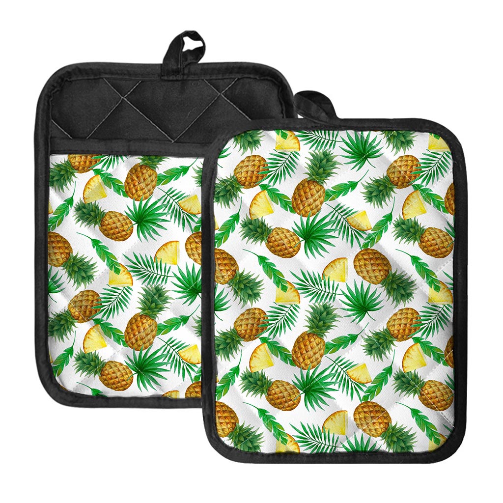 White Watercolor Pineapple Pattern Print Pot Holders With Pocket