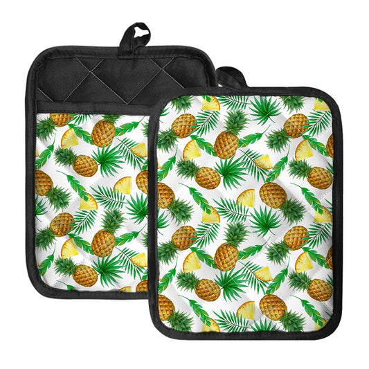 White Watercolor Pineapple Pattern Print Pot Holders With Pocket