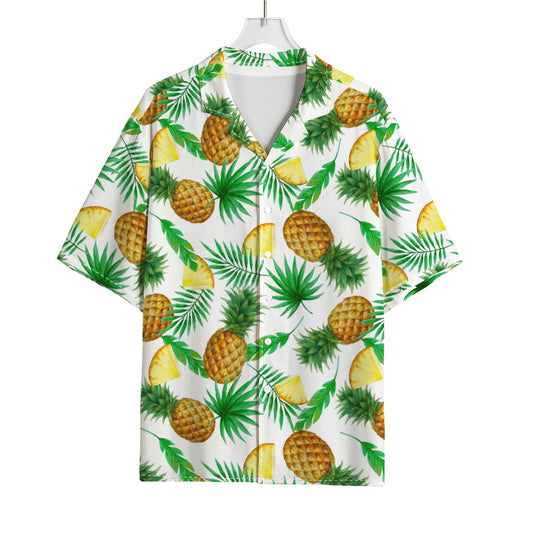 White Watercolor Pineapple Pattern Print Rayon Hawaiian Shirt