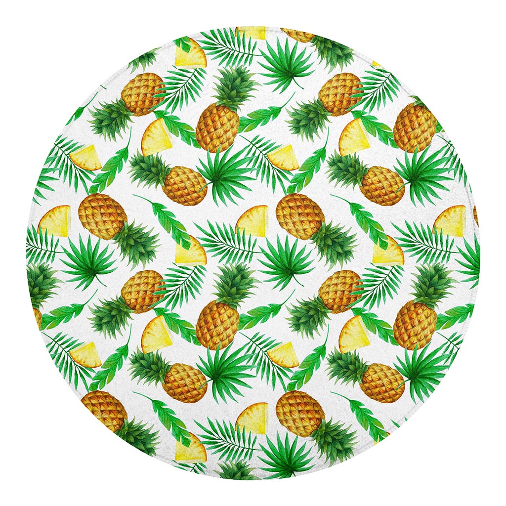 White Watercolor Pineapple Pattern Print Round Blanket