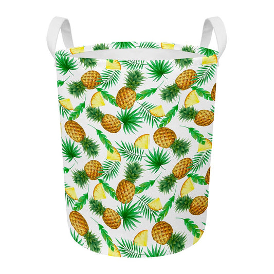 White Watercolor Pineapple Pattern Print Round Laundry Basket