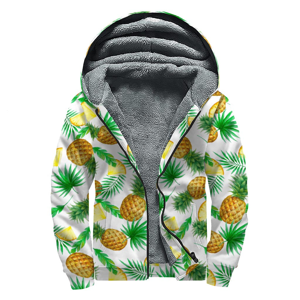 White Watercolor Pineapple Pattern Print Sherpa Lined Zip Up Hoodie