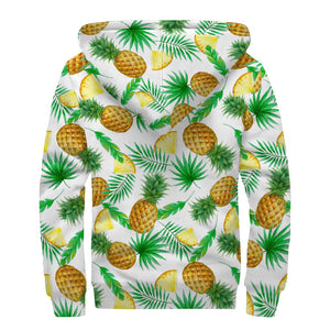 White Watercolor Pineapple Pattern Print Sherpa Lined Zip Up Hoodie