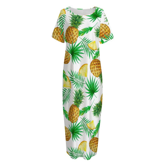 White Watercolor Pineapple Pattern Print Short Sleeve Long Nightdress