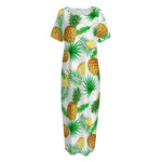 White Watercolor Pineapple Pattern Print Short Sleeve Long Nightdress