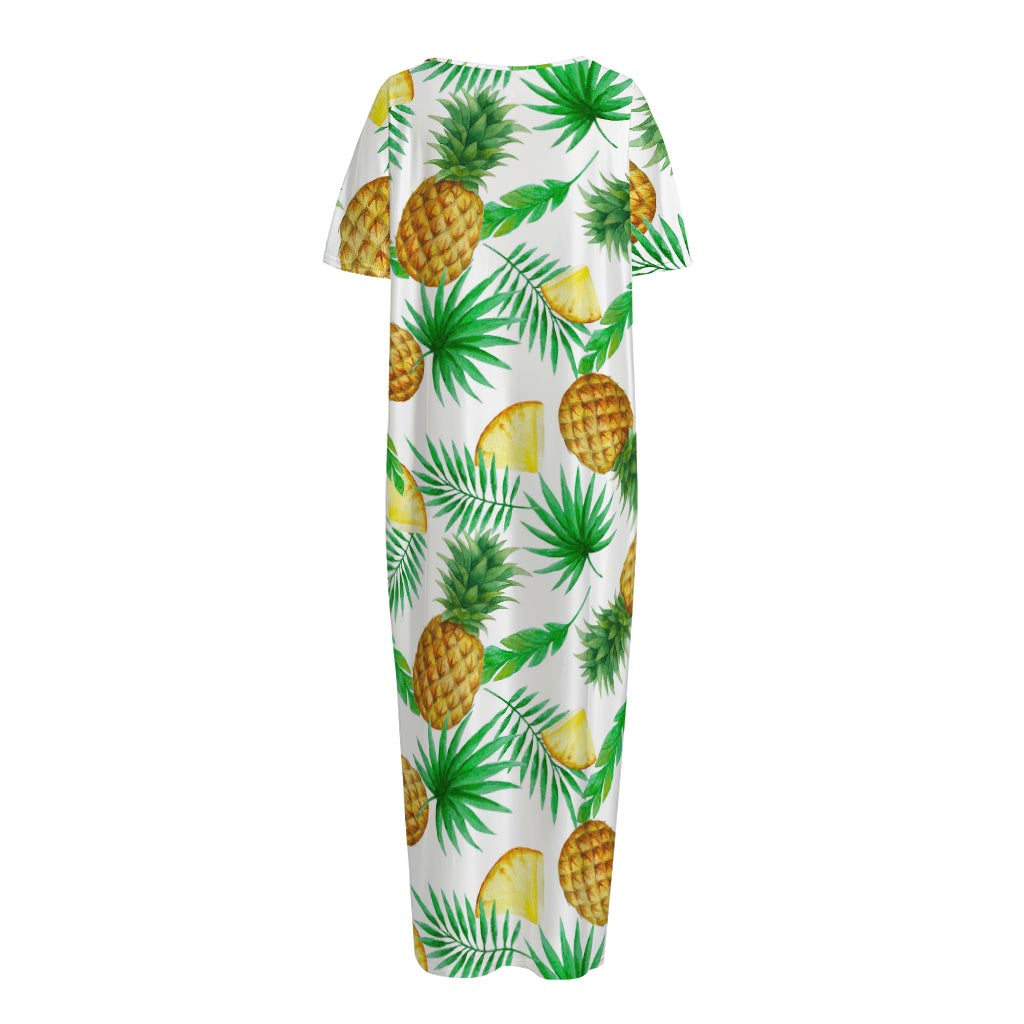 White Watercolor Pineapple Pattern Print Short Sleeve Long Nightdress