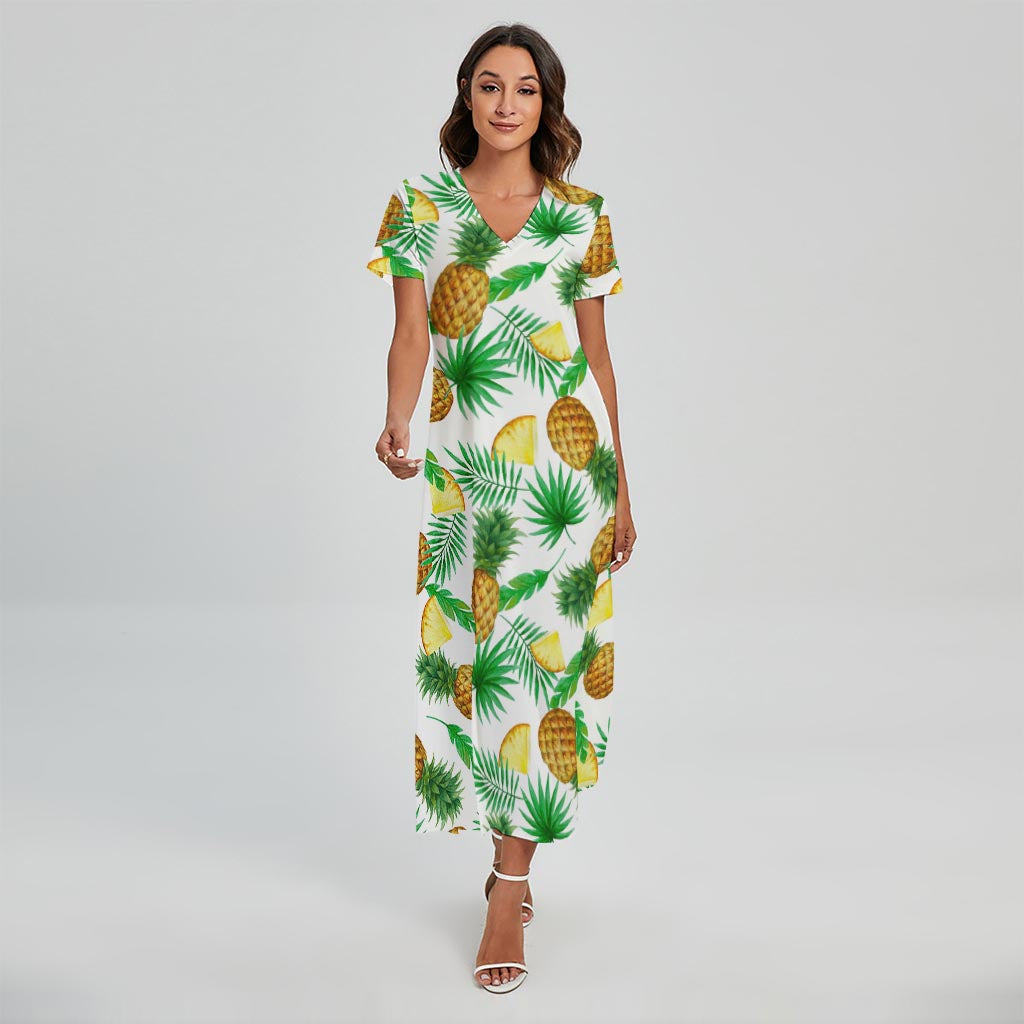 White Watercolor Pineapple Pattern Print Short Sleeve Maxi Dress