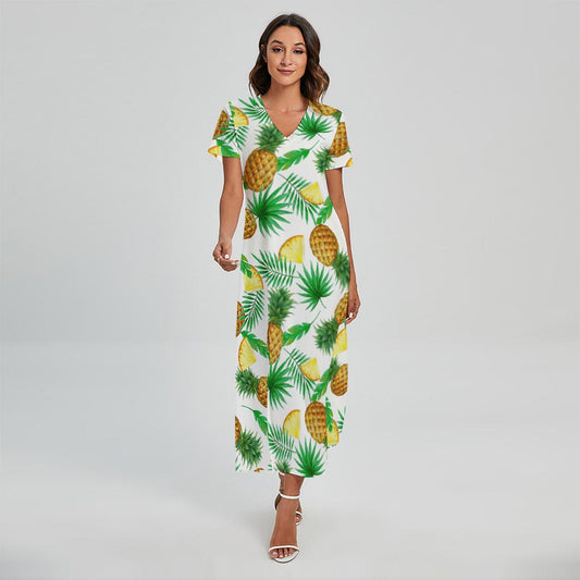 White Watercolor Pineapple Pattern Print Short Sleeve Maxi Dress