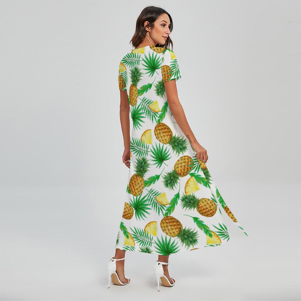 White Watercolor Pineapple Pattern Print Short Sleeve Maxi Dress